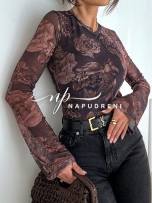 Блуза с мрежа ''MARY'' в кафяв цвят с бежови рози - код G9991