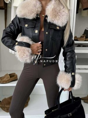 Кожено яке с пух в черен цвят с копчета - код 9995