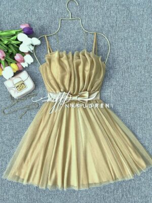 Кокетна дамска рокля с тюл в бежов цвят - код 9740