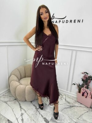 Сатенена пола с дантела в цвят бордо - код Bi10029