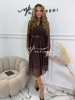 Рокля с брокат и колан ''Dazzle'' в кафяв цвят - код Bi10489