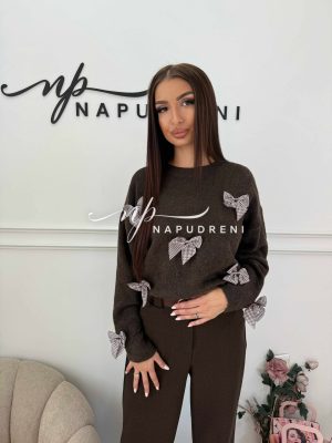 Пуловер с панделки в кафяв цвят - код Bi10237