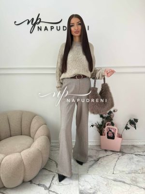 Стилен панталон с кафяв колан в бежов цвят - код Bi10243