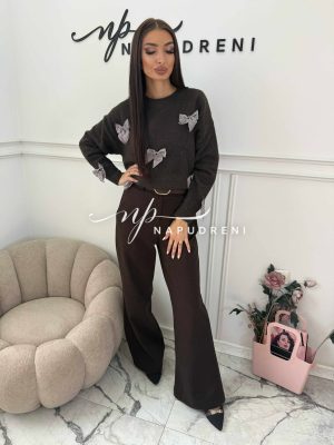 Стилен панталон с кафяв колан в кафяв цвят - код Bi10244