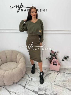 Комплект рокля с ватирана блуза в цвят каки- код G10299
