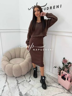 Комплект рокля с ватирана блуза в кафяв цвят - код G10302