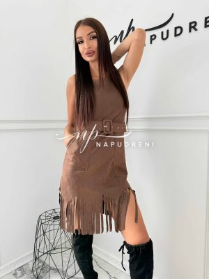 Велурена рокля с ресни в кафяв цвят - код BL9900