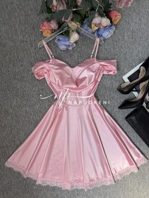 Сатенена рокля с дантела ''VENICE'' в розов цвят - код BS11090