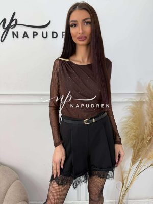 Блестяща блуза със златист акцент в кафяв цвят - код BL10598