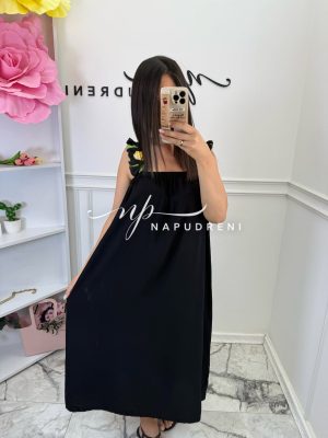 Дълга лятна рокля в черен цвят с цветни презрамки - код BL9578