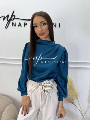 Сатенена блуза ''Crimson Elegance'' в цвят тюркоаз - код G10437