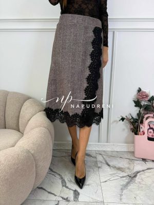 Дълга пола с дантела в цвят мока - код Bi10202