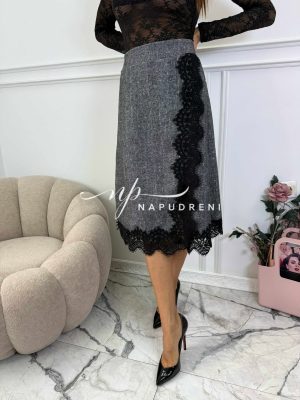 Дълга пола с дантела в сив цвят - код Bi10203