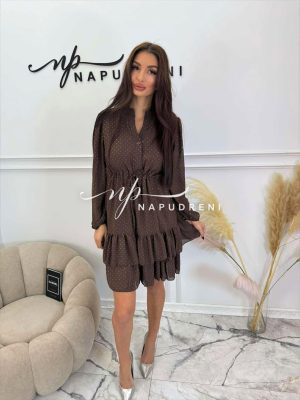 Тюлена рокля с камъчета в кафяв цвят - код Bi10390
