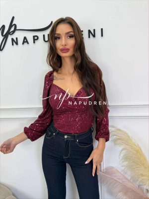 Блуза с пайети в цвят бордо - код BL10347