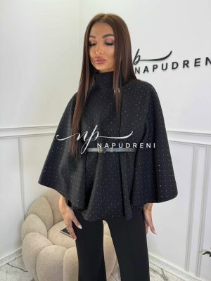 Стилно палто с колан и камъчета в черен цвят  - код BL10163
