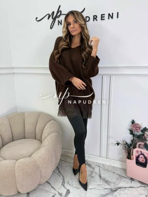 Пуловер и туника/рокля с дантела в тъмнокафяв цвят - код Bi10263