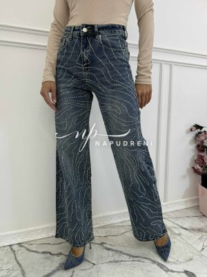 Дънки „WIDE LEG“ с камъчета в син цвят - код BS9957