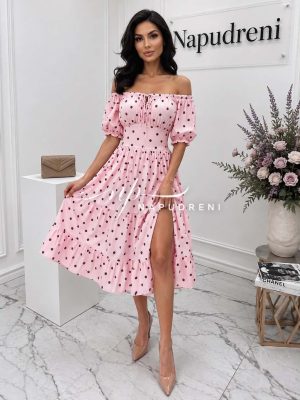 Миди рокля ''OLIVIA'' с точки в розов цвят - код G11314