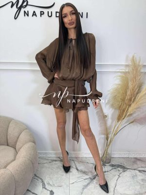 Мини рокля с дълъг ръкав и волан ''REGINA'' в кафяв цвят - код BS10655