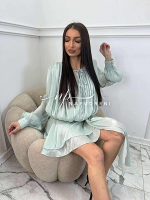 Мини рокля с дълъг ръкав и волан ''REGINA'' в цвят мента - код BS10657