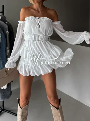 Гащеризон шифон с колан в бял цвят - код BS11263