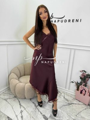 Сатенена пола с дантела в цвят бордо - код Bi10029